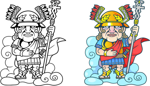 Cartoon Ancient Greek God Hermes on the Cloud, funny illustration coloring book