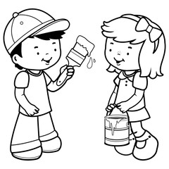 Children painting, using a paint brush and a paint bucket. Vector black and white coloring page.
