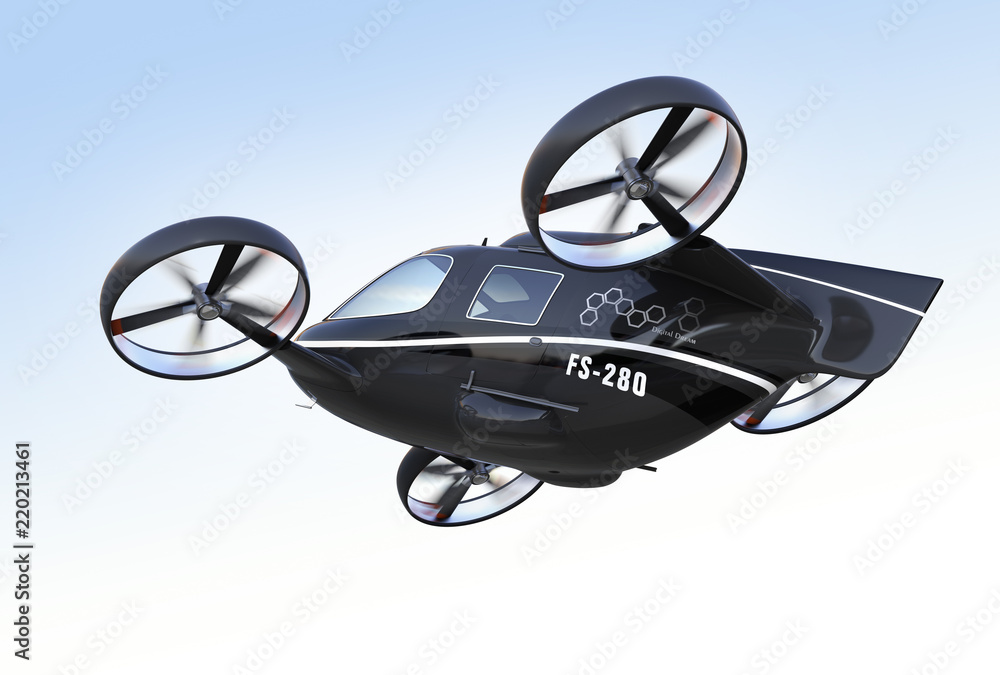 Poster rear view of self driving passenger drone flying in the sky. 3d rendering image.