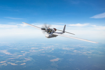 Unmanned military turboprop drone on patrol air terrain at hight altitude. - obrazy, fototapety, plakaty