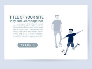 Website template design isolated on white background with copy space in blue tone. Vector illustration for UX/UI with character of soccer players.