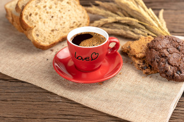 Hot coffee cup and breakfast