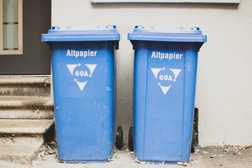 Closeup of recycle bins which are used for paper in the inner city of Aalen Germany