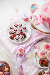  Beautiful desserts are pink. Mini-cakes and marshmallows, meringues