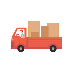 Red delivery truck with cardboard boxes, fast shipping concept vector Illustration on a white background