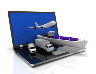 logistics concept. laptop , plane, ship, truck . 3d rendered illustration