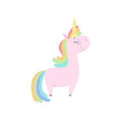 Lovely unicorn, cute fantasy animal character with rainbow hair vector Illustration on a white background