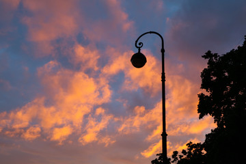 Lamp silhouette on sunset in Saint Petersburg, Russia