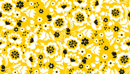 Simple yellow flower seamless pattern. Naive summer bright gold floral repeatable motif. Fabric rapport with black and white decorative flowers.