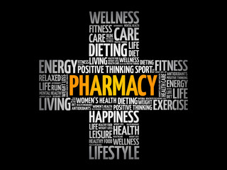 Pharmacy word cloud collage, health cross concept background