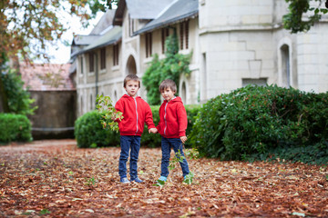 Fototapeta na wymiar Double portrait of two children, boy brothers in autumn garden