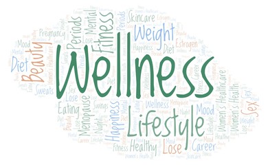 Obraz premium Word cloud with text Wellness on a white background.