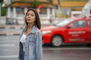Fototapeta premium Young asian woman traveling to landmark in Bangkok Thailand.