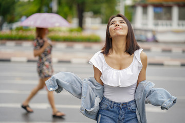 Young asian woman traveling to landmark in Bangkok Thailand.