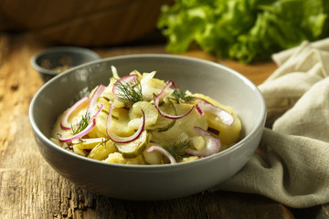Potato salad with red onion and pickled cucumber