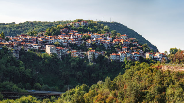 Panoramic view of Veliko Tarnovo from Tsarevets hill. Typical terrace architecture in Veliko Tarnovo, Bulgaria