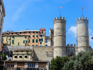 GENOA, ITALY, AUGUST 24, 2018 - View of Porta Soprana or Saint Andrew's Gate ith a part of old city in Genoa, Italy