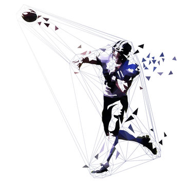 American football player throwing ball, quarterback polygonal vector illustration. Low poly team sport athlete