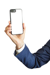 Male hand with phone isolated on white