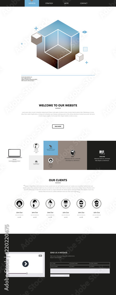Poster one page website template with abstract header design.