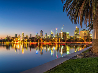 The stunning Melbourne skyline reflected beautifully alongside a lone palm tree