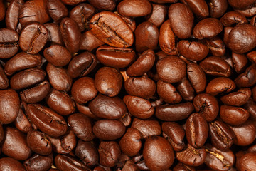 Close up of coffee beans texture background, selective focus