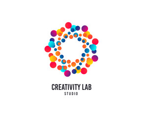 Creativity lab logo. Bubbles or Dots vector icon. Creative design studio logo. Business company brand sign. Minimalistic modern creativity graphic logotype. Typography template.