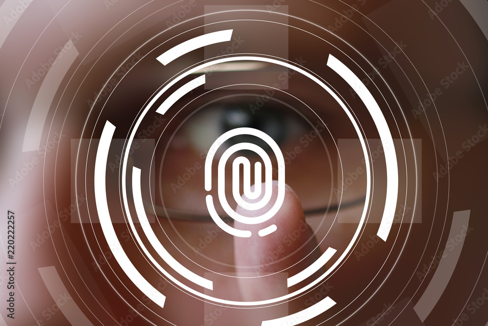 Poster businessman presses button fingerprint security on virtual electronic interface.