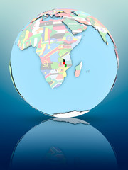 Malawi on political globe with flags