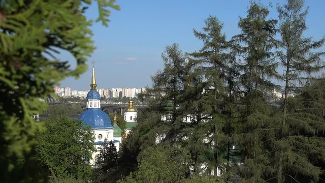 View of Vydubetsky monastery in Kiev in sunny weather.