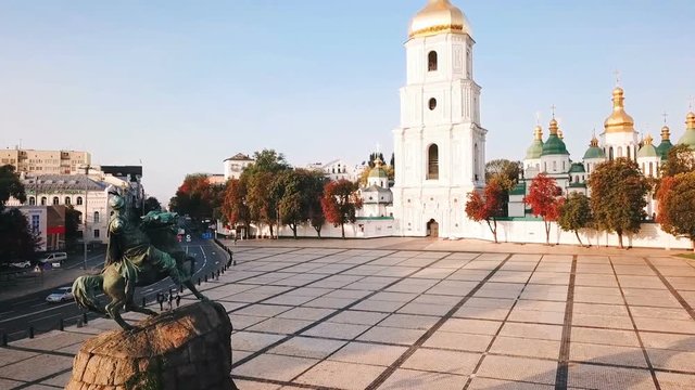 Saint Sophia's Cathedral, square with Bohdan Khmelnytsky Monument. Kiev (Kiyv) Ukraine with Places of Interest. Aerial drone video footage. Sunrise light