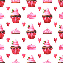 Hand painted seamless pattern with watercolor muffin, cake, marshmallow and red heart isolated on white background