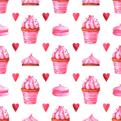 Hand painted seamless pattern with watercolor muffin, cake, marshmallow and red heart isolated on white background