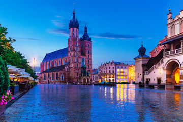 Night view of the Market Square in Krakow, Poland