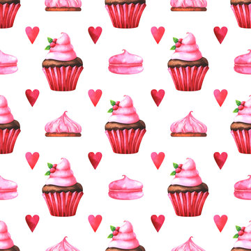 Hand painted seamless pattern with watercolor muffin, cake, marshmallow and red heart isolated on white background