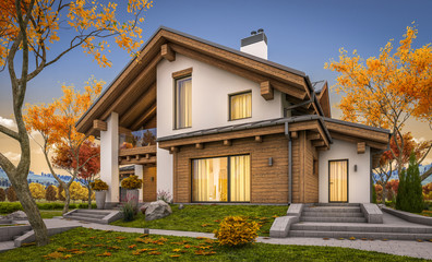3d rendering of modern cozy house in chalet style with garage for sale or rent with large garden and lawn. Cool autumn evening with soft light from window.
