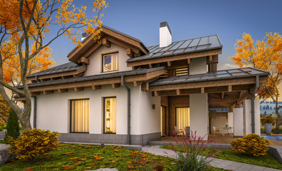 3d rendering of modern cozy house in chalet style with garage for sale or rent with large garden and lawn. Cool autumn evening with soft light from window.
