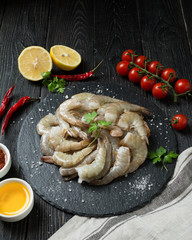 Tiger prawns on black background