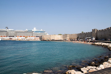 View of embankment near port on Rhodes, Greece