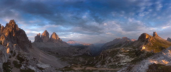 Tre Cime, Dolomites Italy. Beautiful panoramic photo of Dolomites in Italy, taken during sunrise.