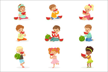Cute little kids eating watermelon. Healthy eating, snack for children. Cartoon detailed colorful Illustrations