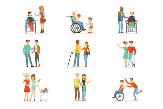 Disabled people and friends helping them set for label design. Cartoon detailed colorful Illustrations
