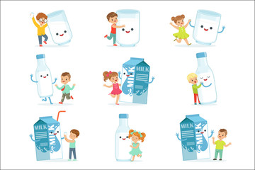 Cute little children having fun and playing with large boxes, mugs and bottles of milk, set for label design. Colorful cartoon characters