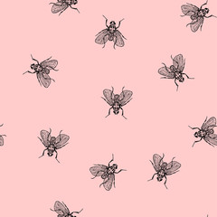 Fly in chaos vector seamless pink pattern