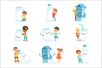 Smiling little children playing and dancing with large boxes, mugs and bottles of milk, set for label design. Colorful cartoon characters