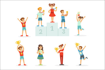 Happy young children holding their golden trophies, set for label design. Cartoon detailed colorful Illustrations