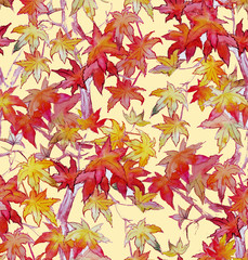 Autumn seamless pattern in brown-gold tones with autumn leaves, maple. Watercolor illustration