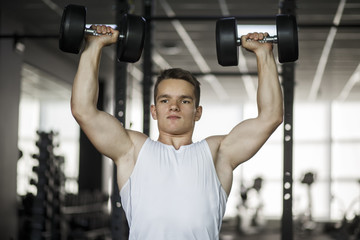 Bodybuilder working out with dumbbell weights at the gym. Man bodybuilder doing exercises with dumbbell. Fitness muscular body