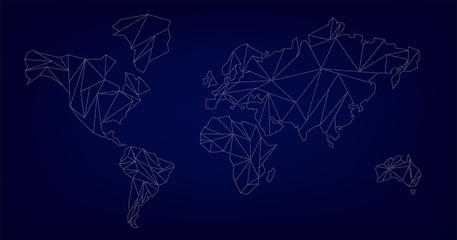 Circuit polygonal map of the world on the dark blue background made of white same size dots