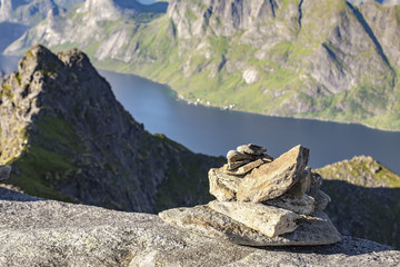 One of the trail cairns in mountains in Lofoten island, Norway
